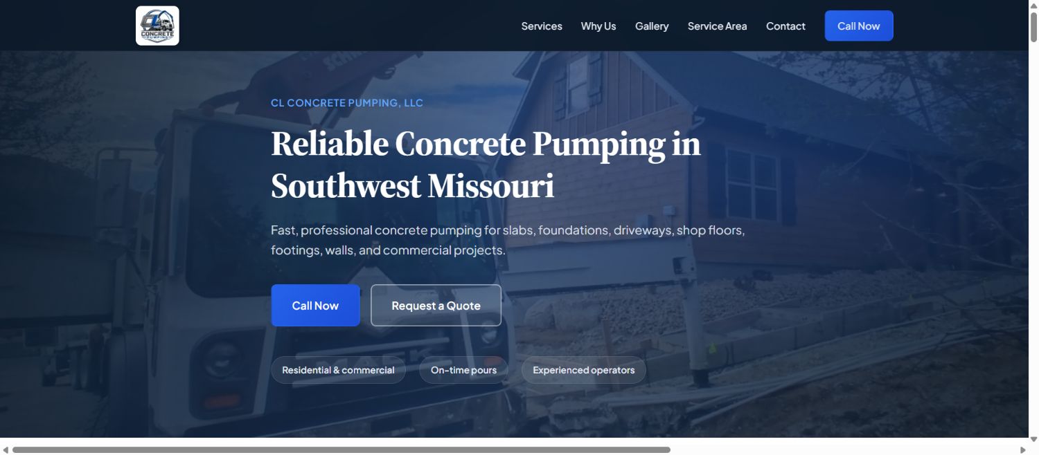 C and L Concrete Pumping website shown on a desktop screen